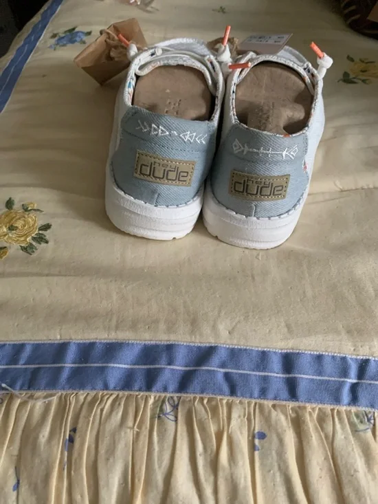 Hey Dude White Knit Slip-On Sneakers with Coral Accents - Picture 2 of 3